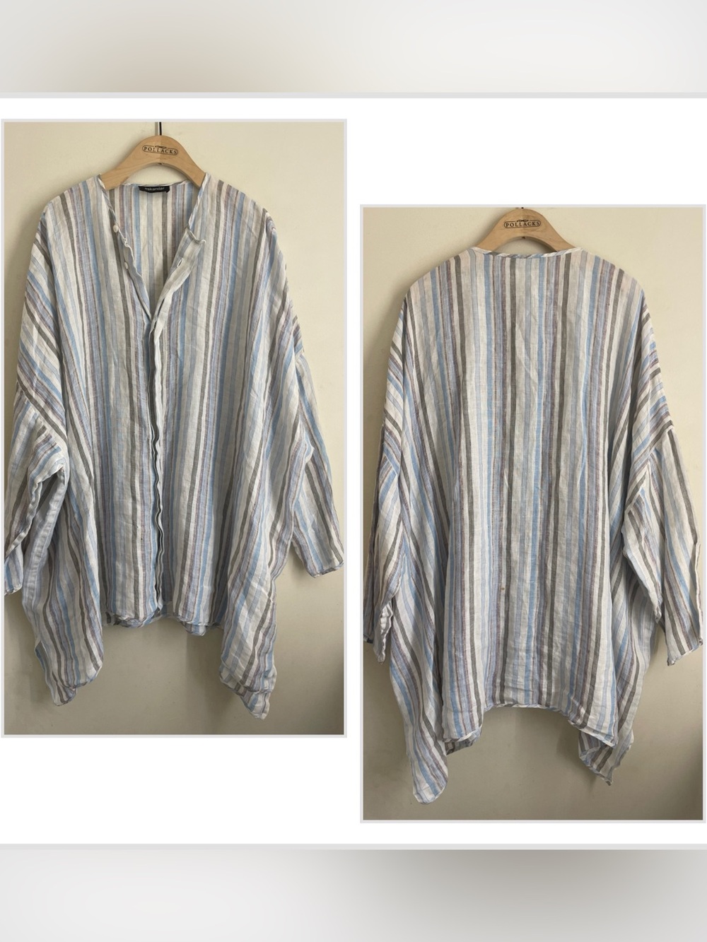 Eskandar 100% Linen Oversized Striped Tunic Top Blue Gray White Art to Wear